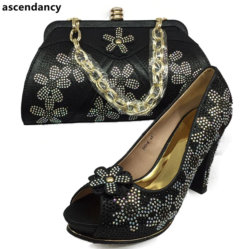 Nigerian Party Shoe and Bag Sets Royal Blue Italian Ladies Shoes Set Decorated with Rhinestone African | Обувь