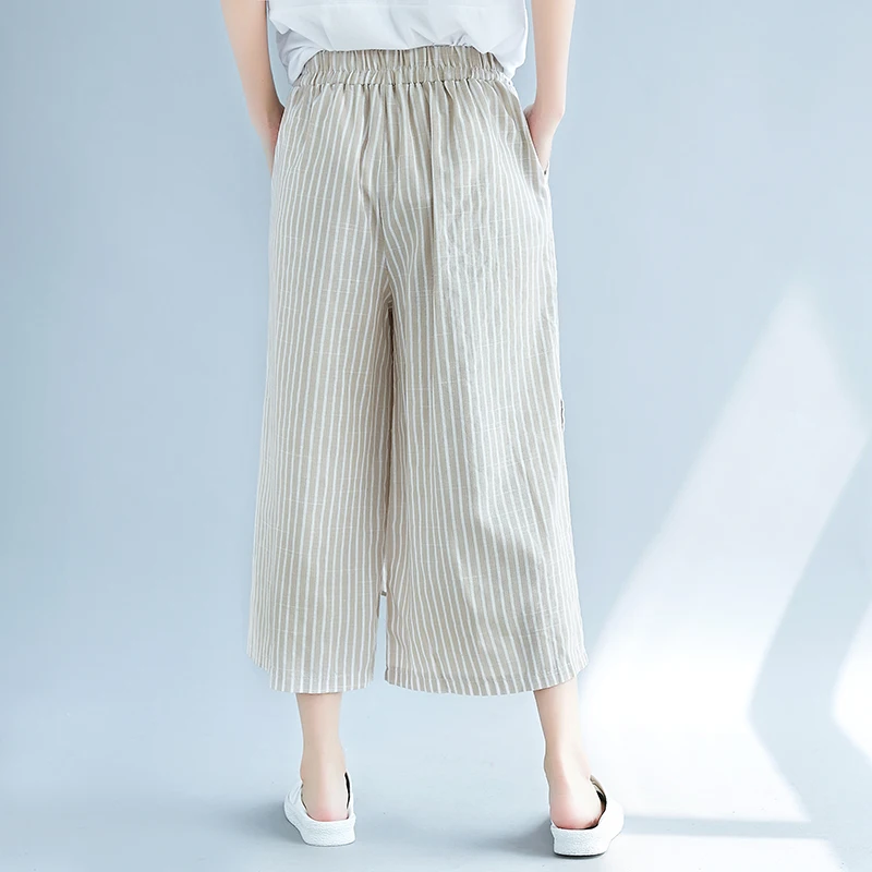 ilstile 2018 Women's Striped Cotton Linen Wide Leg Pants Vintage Summer Casual Loose Calf-Length Elastic Waist Trousers | Женская