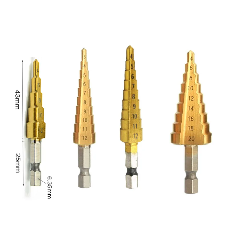 4pcs 4-12 4-20 4-22 4-32 HSS ступенчатое сверло с титановым покрытием для 4241 металла высокоскоростная стальная деревянная дырочка ступенчатое конусное сверло - Цвет: 4pcs