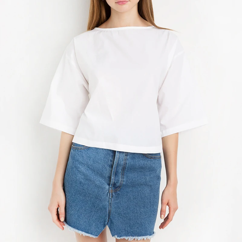 Новый Мода 2017 одноцветное Цвет с бантом сзади верхняя половина рукавом О