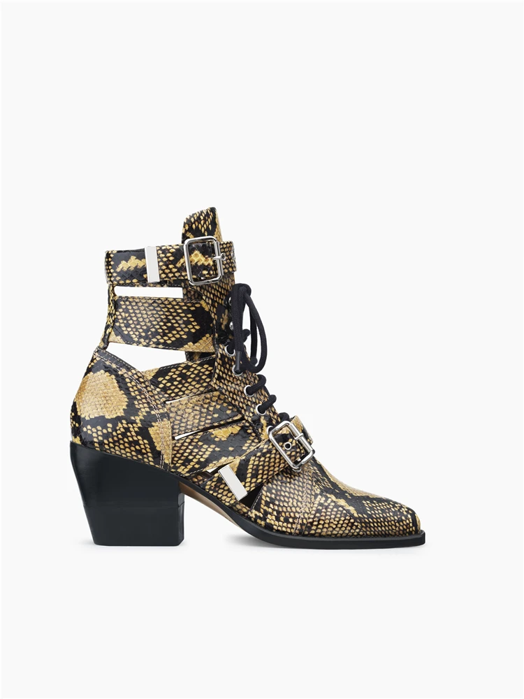 MStacchi Brand Design Snake Skin Genuine Leather Boots Woman Pointed Toe High Heels Ankle Boots Buckle Lace Up Women Boots