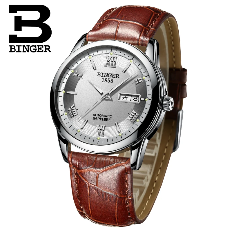 Switzerland watches men luxury brand Wristwatches BINGER luminous Mechanical leather strap Waterproof BG-0383-12 | Наручные часы