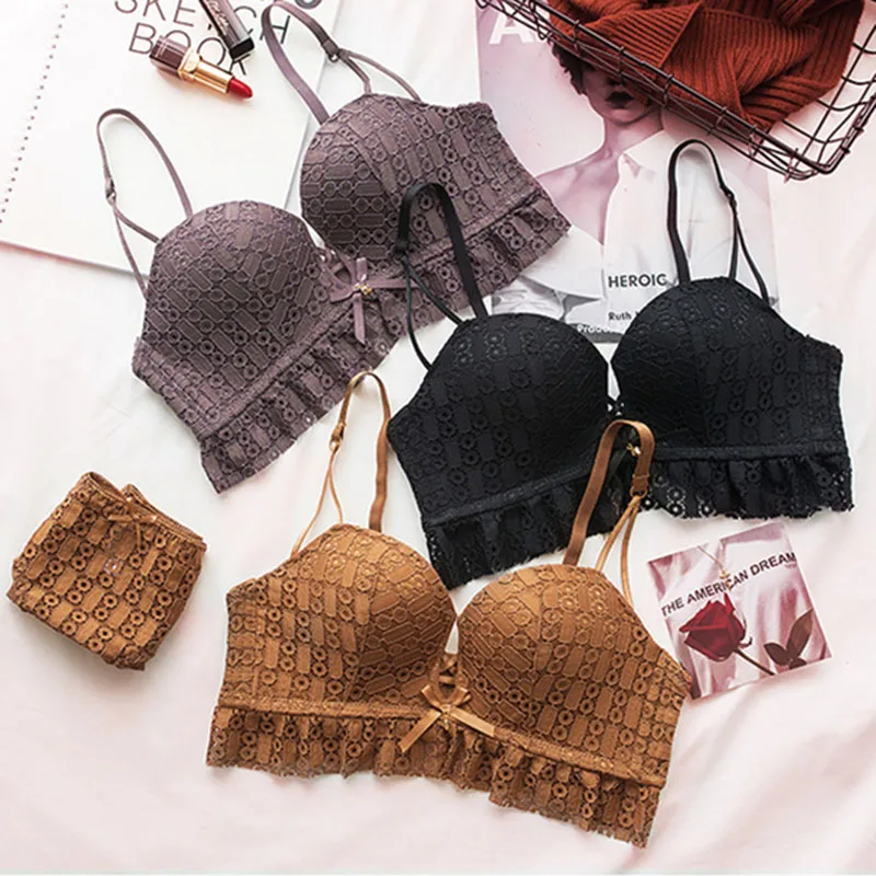 Беспроводной кружевной комплект нижнего белья отжимать bralette бюстгальтер и
