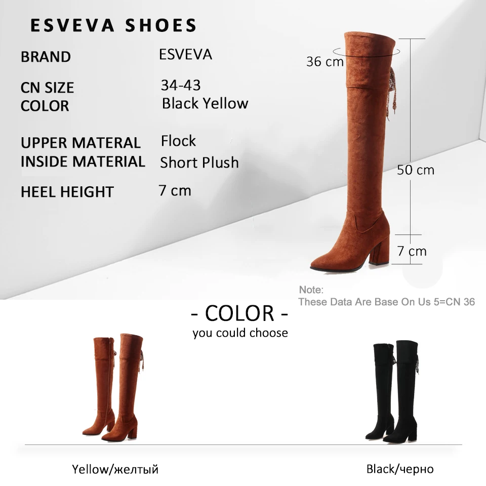

ESVEVA 2019 Shoes Women Over The Knee Boots Flock Square High Heels Pointed Toe Short Plush Zipper Autumn Boots Shoes Size 34-43