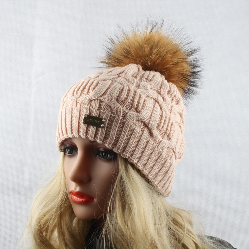 Зимние меховые шапки с помпоном для женщин мяч из натурального меха енота