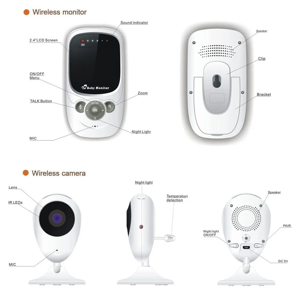 2.4 inch LCD Display Temperature Detection Baby Monitor 2.4GHz Wireless Night Vision Camera Two Way Talk Babysitter |