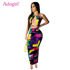 Женский комплект из двух предметов с принтом в виде галстука-бабочки Adogirl, укороченный топ с открытой спиной на бретельках + облегающая Макси-юбка, летнее платье для ночного клуба