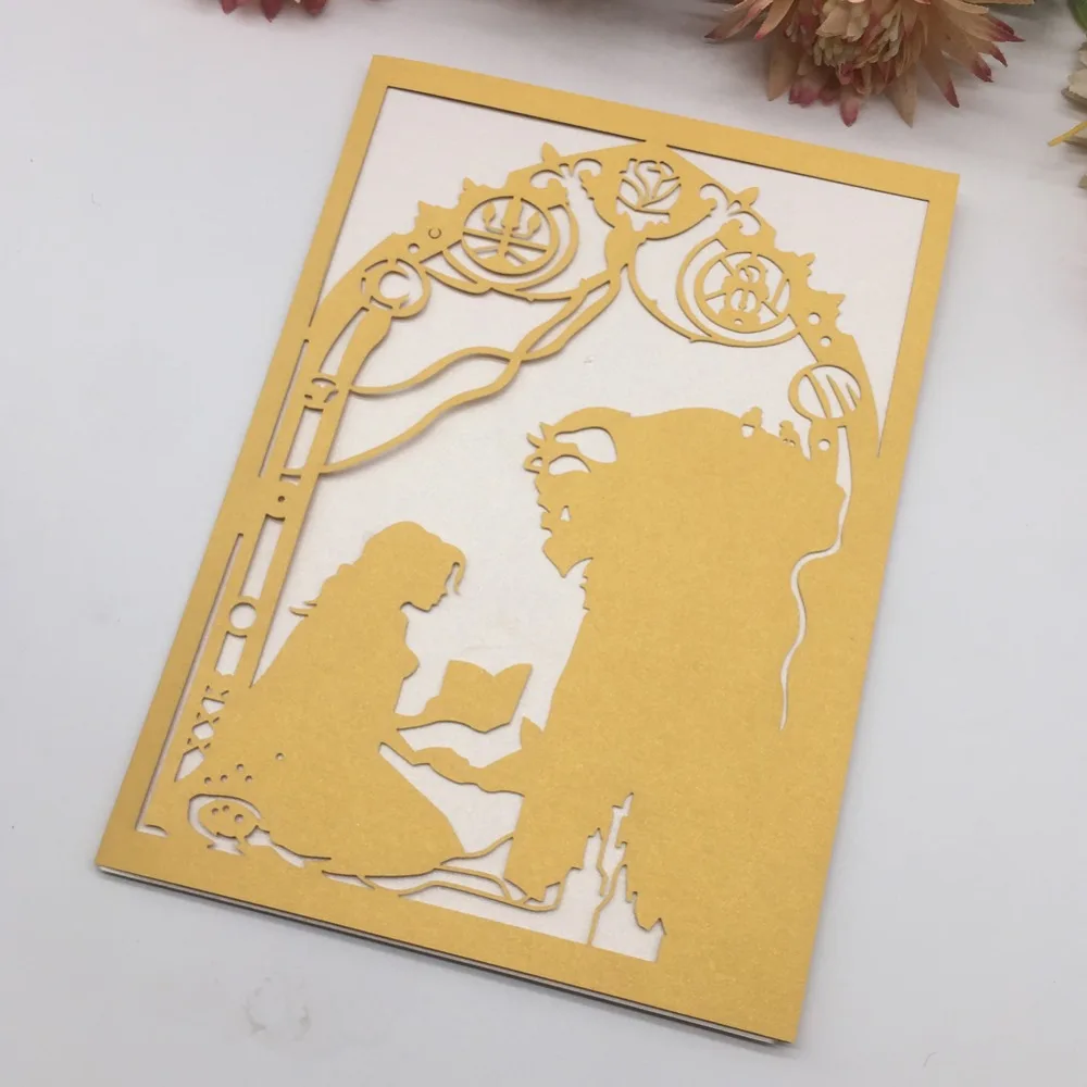 

50pcs/lot Luxury Red Beast and Beauty Pearl card Wedding Invitation Birthday Party Bless Greeting Anniversary Valentine Day Card