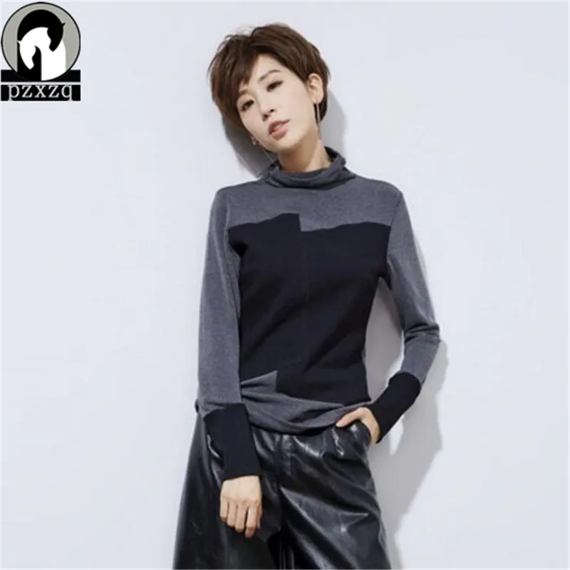 Camisetas Mujer Футболка женская футболка модная черная и серая водолазка с длинным рукавом из кусков хлопковые топы с принтом Футболки