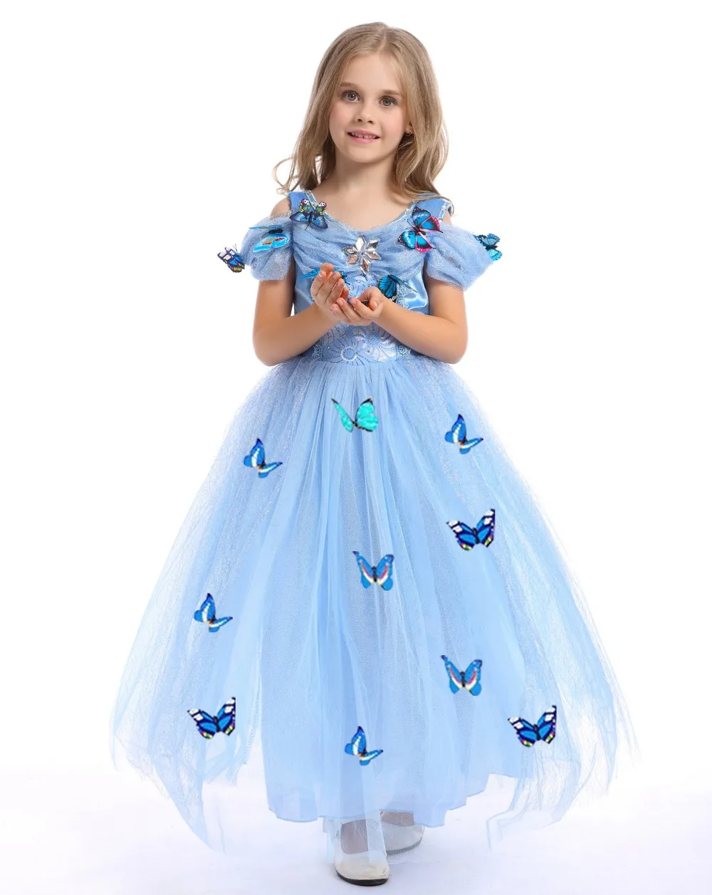 Christmas Girls Dress Long A-line Cute Princess Short Sleeve Blue With Appliques Butterfly Evening Dresses | Детская одежда и