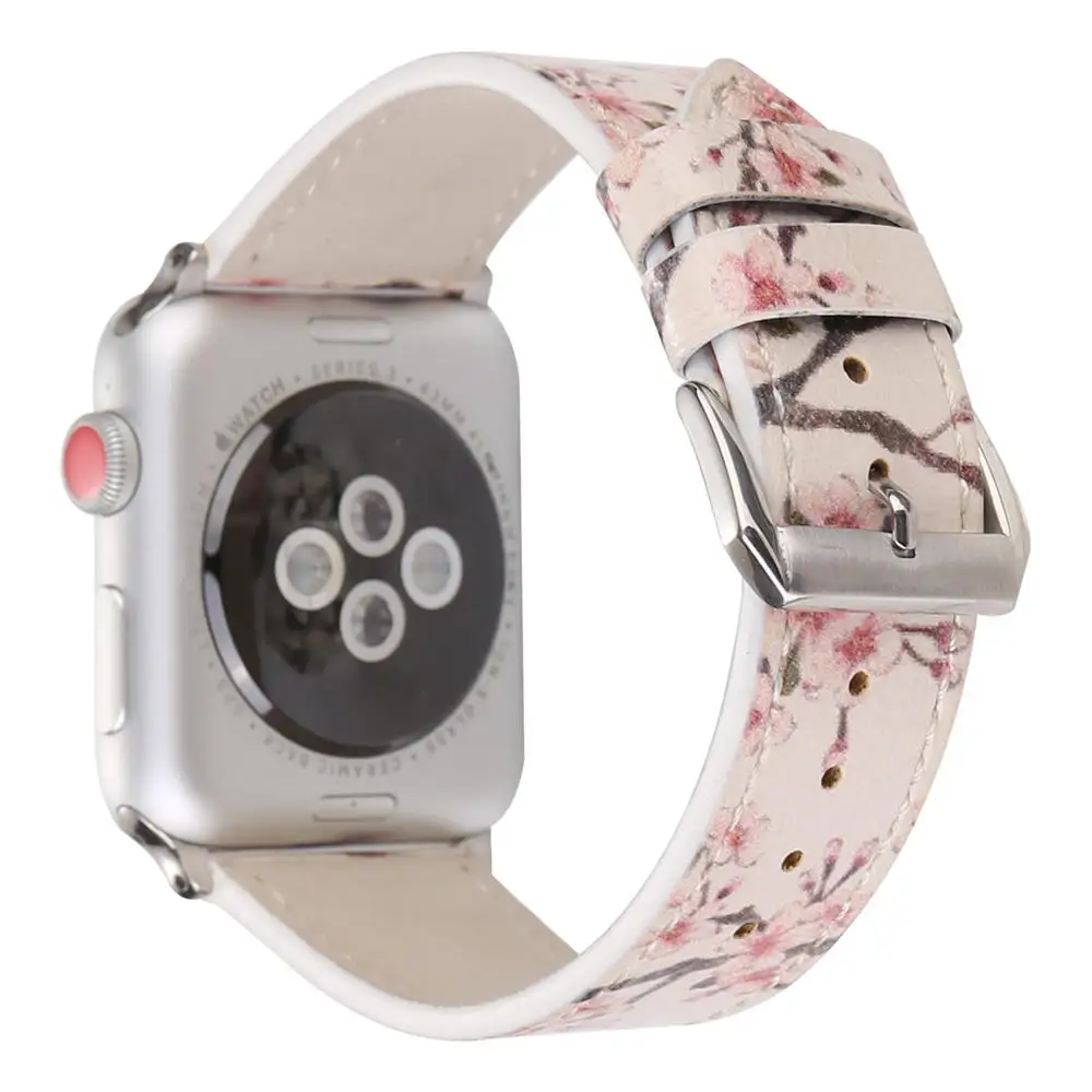С цветочным принтом кожаный ремешок для наручных часов Apple Watch серии 1/2/3/4/5 Группа 44 мм, 42 мм, 40 мм, 38 мм, версия сливы цветок Дизайн наручные часы браслет