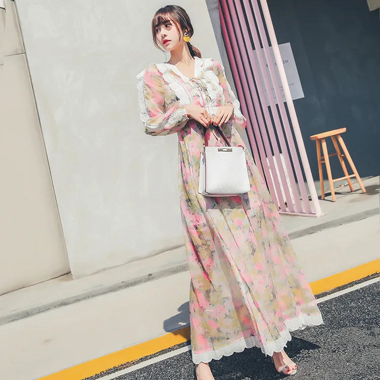 Весна 2018 новый стиль кружева длинное платье тонкий шифон кулон платье.|Женские