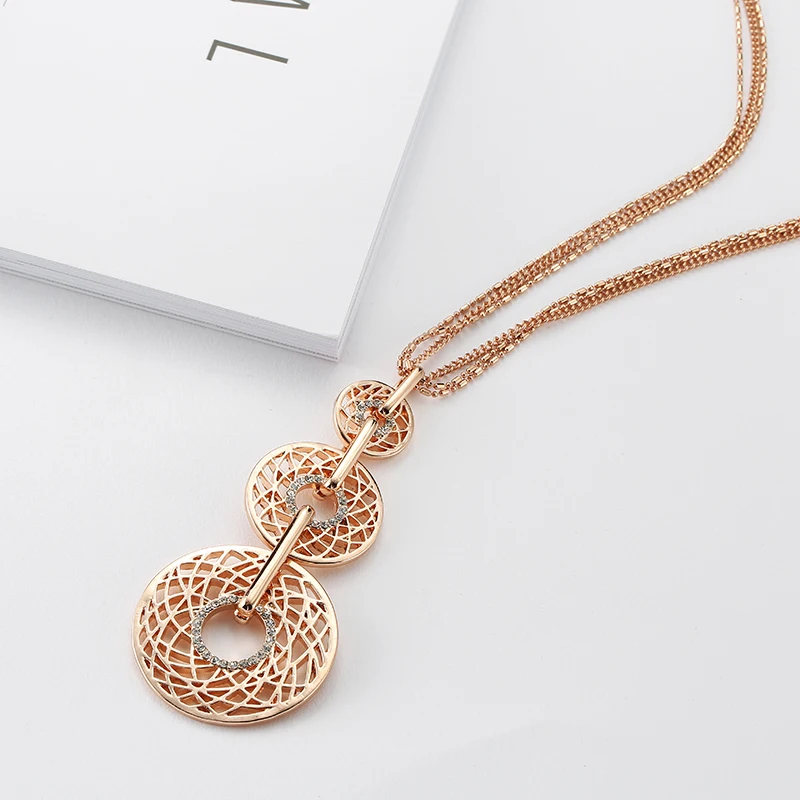 

Hollow Crystal Circles Long Pendant Necklace Gold Multilayer Chains Sweater Necklace For Women Statement Jewelry Party Collier