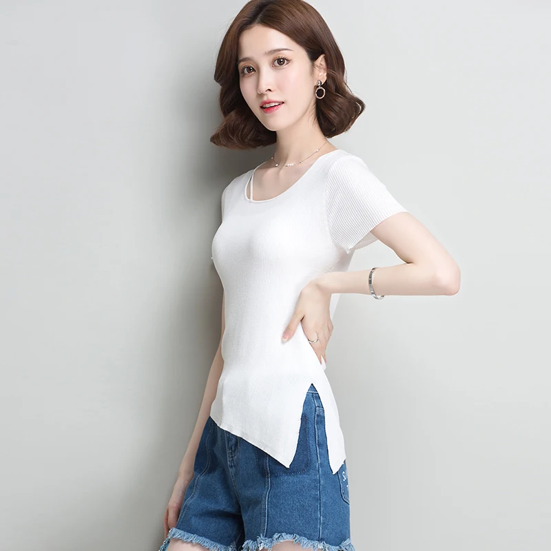 

High quality summer women's fashion design knit linen cotton blouses side split knit blouses tops short sleeve