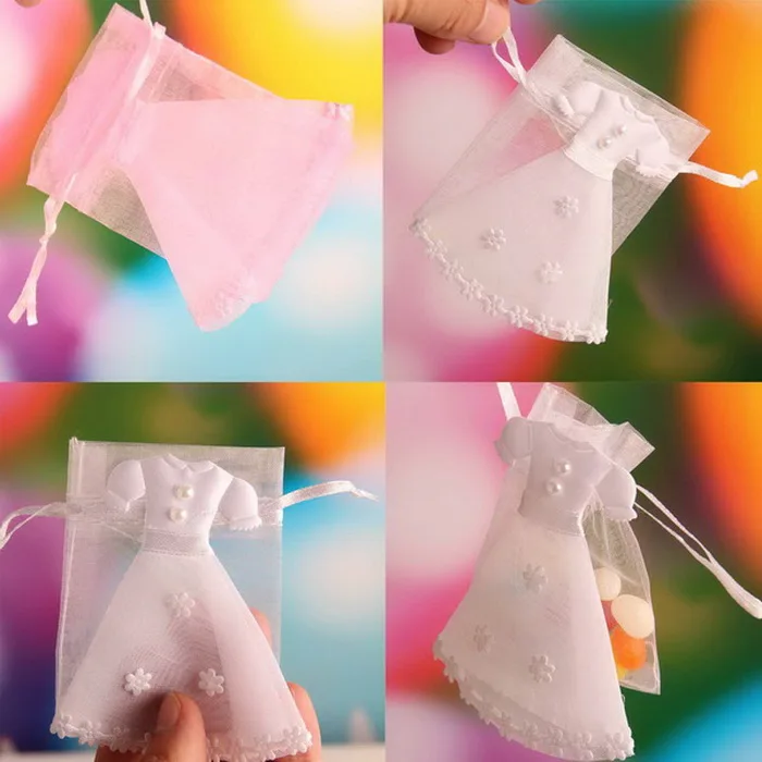Baby Shower 7*9 см органза Сумки свадебное платье Дизайн конфеты пользу со шнурком 48