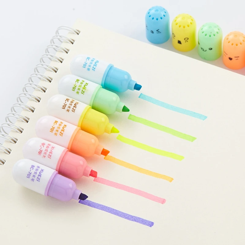 6 pcs Mini Pill Leaves Eggs Shaped Highlighter Pens For Writing Cute Face Graffiti Marker Pen Stationery School Office Supplies |