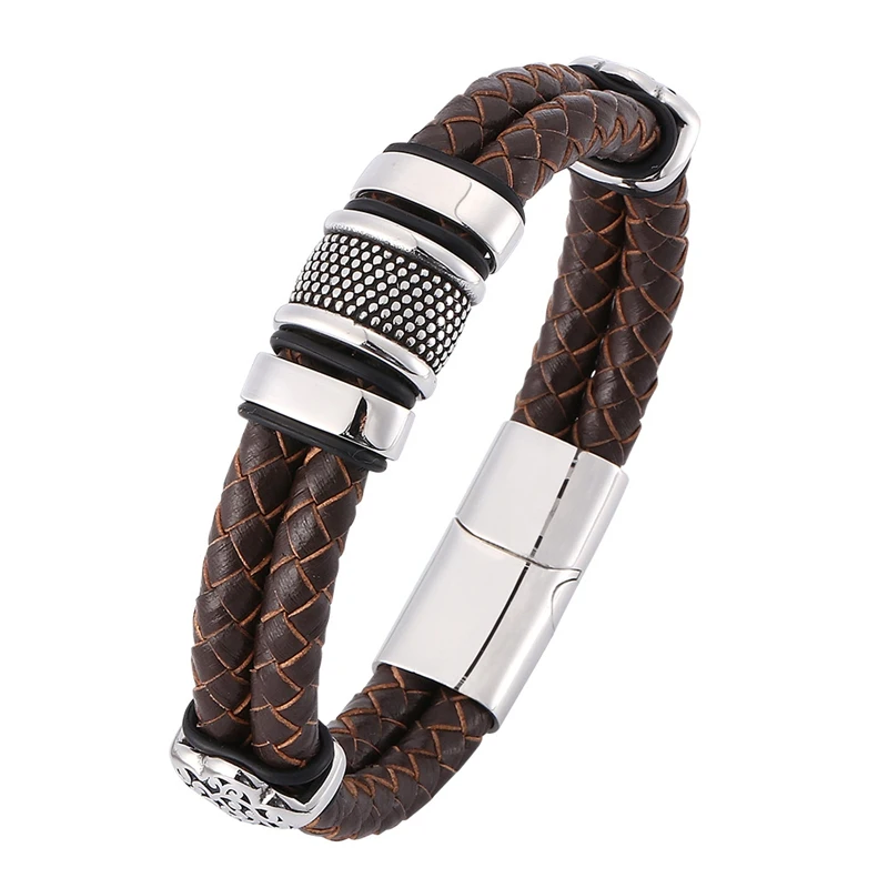 

New Men Jewelry Brown Genuine Leather Bracelet Double Layer Silver Color Special Bracelet of Men Father's Day Gift BB0378