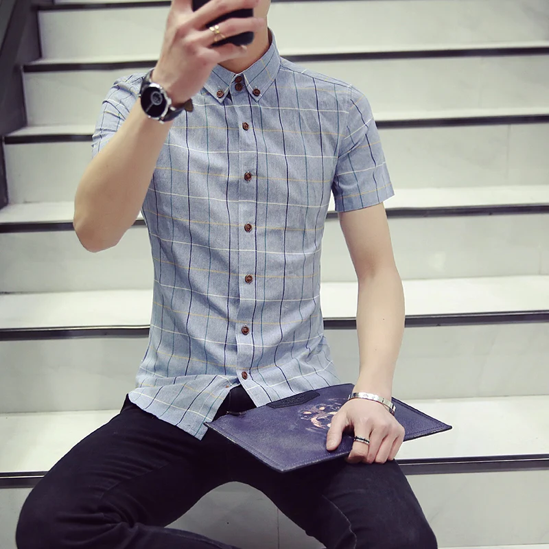 Хлопковая мужская одежда Короткие Рукава Рубашки повседневные Slim Fit мужские