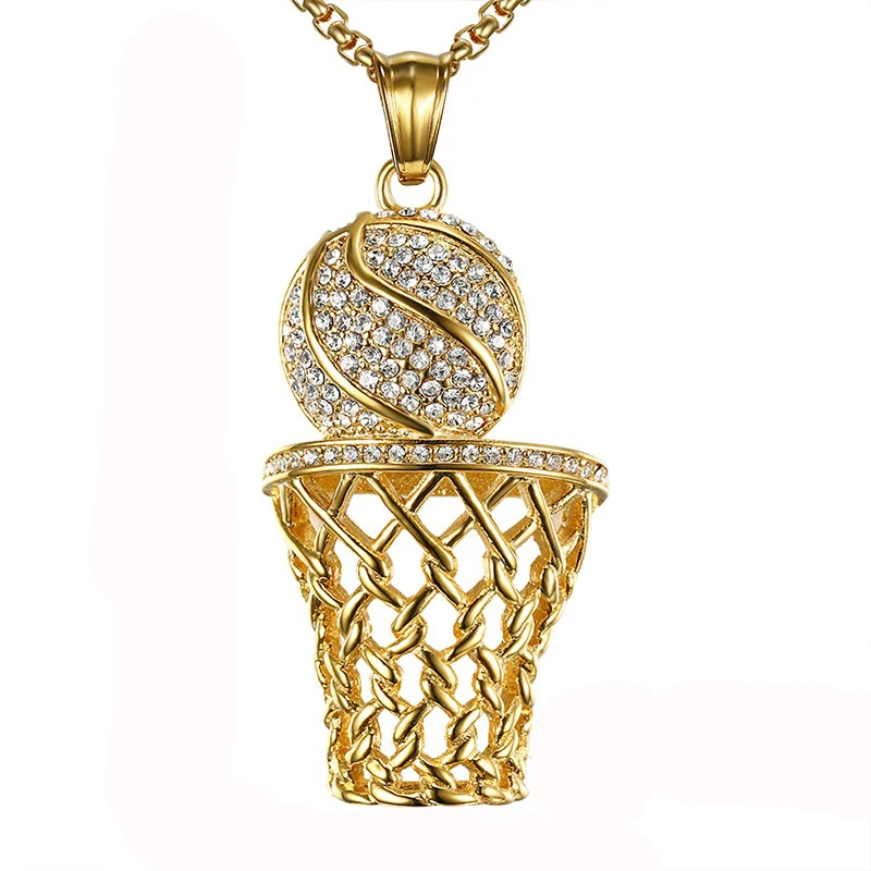 Hip Hop Iced Out Basketball Entering Frame Pendant Necklace Men Gold Color Stainless Steel Sports Necklace Rock Jewelry