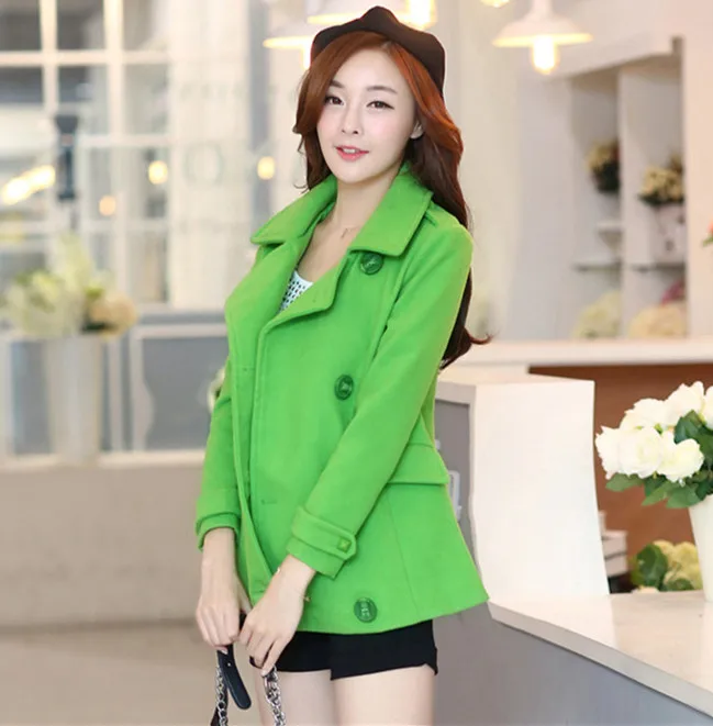 Зеленое яблоко шерсть твид пальто корея 2014 зима большой размер тонкий длинные