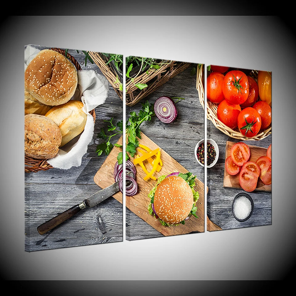 

Art Canvas Pictures Poster Print Wall 3 Pieces Food Tomato Hamburger Painting For Living Room HD Home Decor Modular Framework