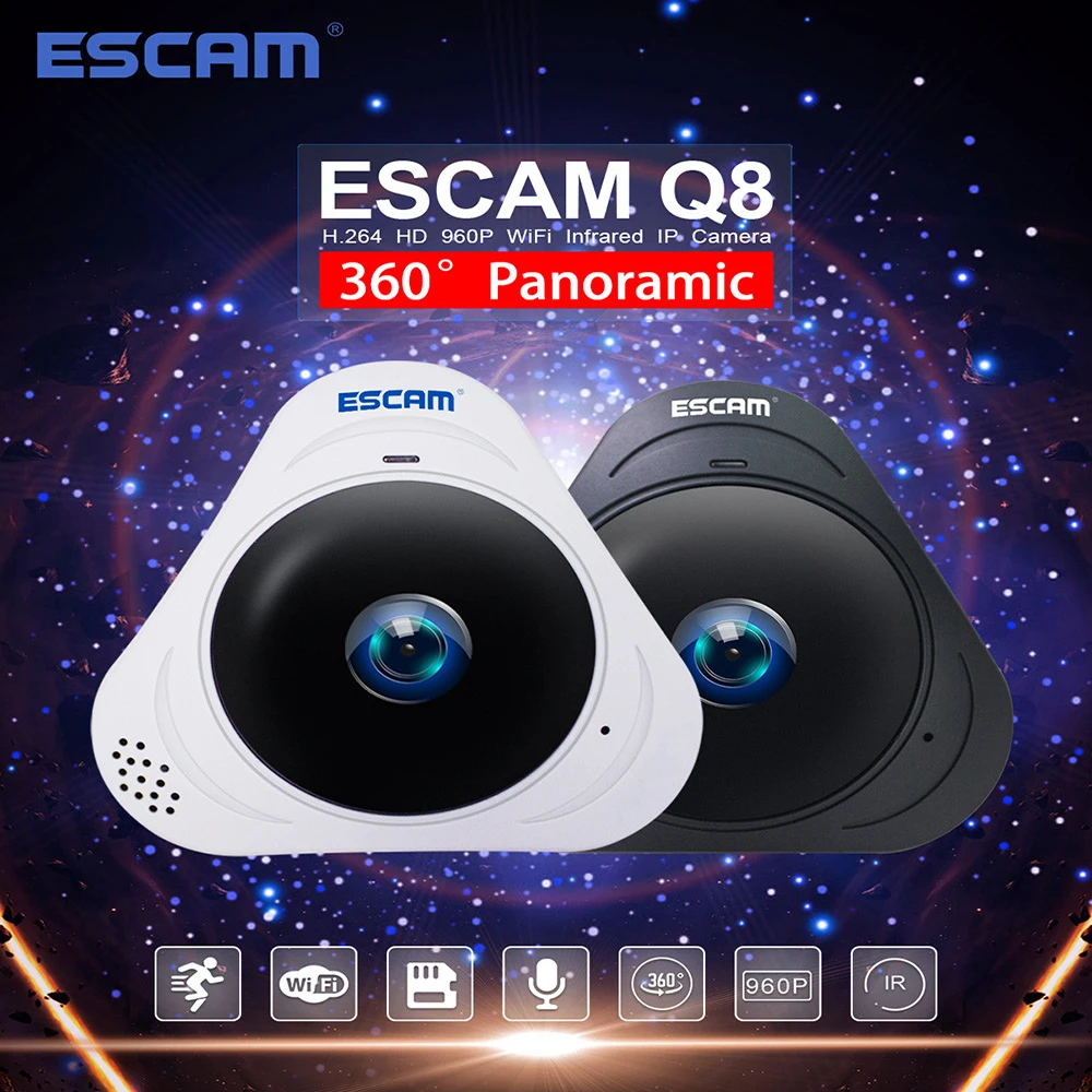 ESCAM Q8 Fisheye WIFI IP Camera HD960P 1.3MP 360 Degree With Two Way Audio/Motion Detector CCTV Video Surveillance | Безопасность и