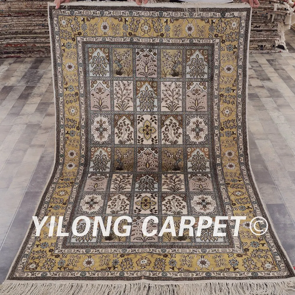 

YILONG 4'x6' Turkish silk carpet handmade four seasons vantage persian fine oriental rugs (YHW200B4x6)