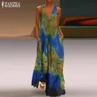 Винтажное платье-макси с принтом перьев, женский сарафан ZANZEA 2021, модные сарафаны без рукавов, женское вечернее вечерние с V-образным вырезом, женское платье