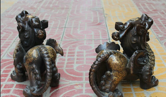 huij 006924 14 Chinese Bronze Feng Shui Wealth Unicorn Beast Pi Xiu Sculpture Statue Pair |