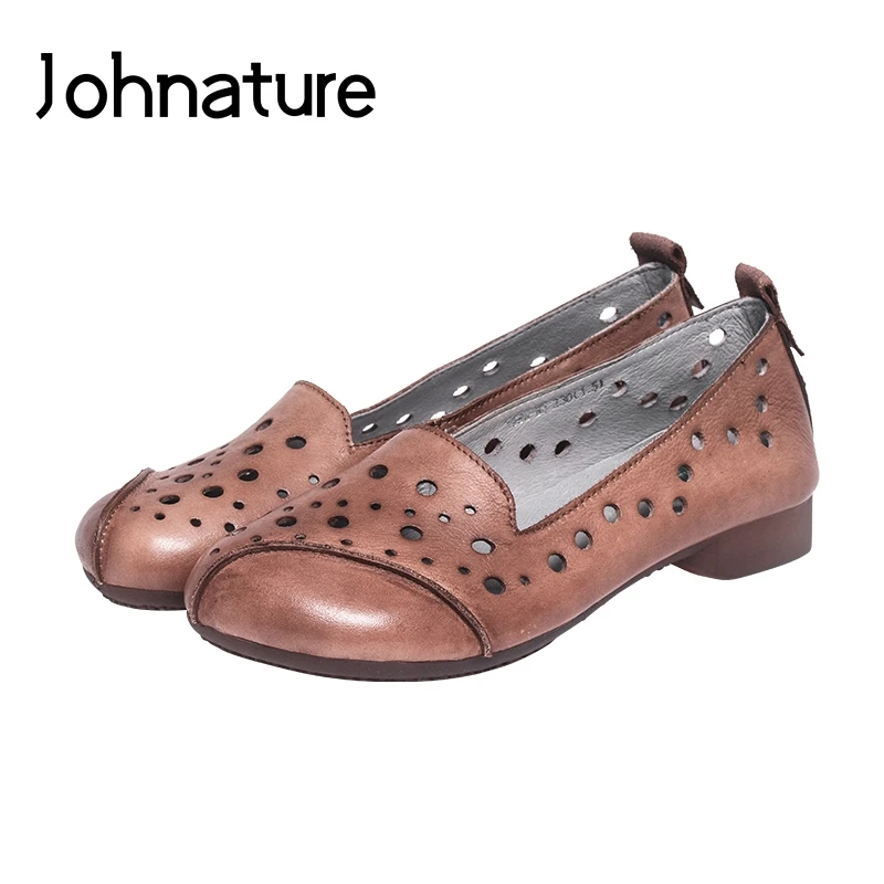 

Johnature New 2021 Spring/Summer Handmade Genuine Leather Casual Retro Shallow Cover Heel Hollow Flat With Sandals Women Shoes