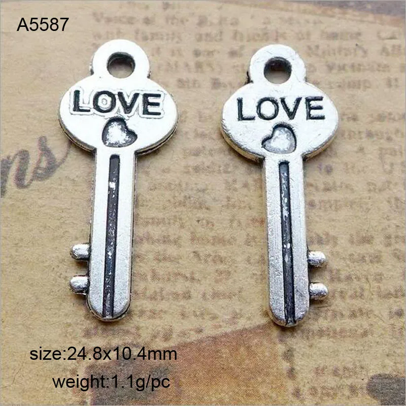 

50pcs Antique Silver Alloy Love Heart Key Charms Pendants For Bracelet Necklace Jewelry Making DIY Handmand Craft 24.8x10.4mm