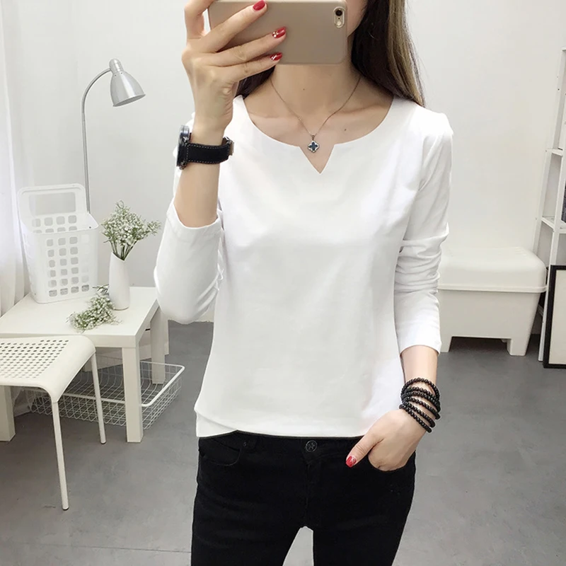 

New Autumn New T-shirts For Women Classic Solid Color Winter T Shirt Woman V-neck Cotton Female T-shirt
