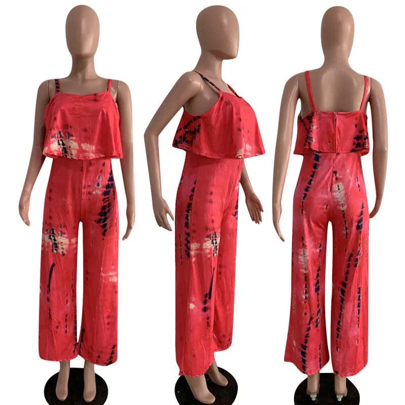 

Tie Dye Print Summer Casual Jumpsuits for Women Spaghetti Strap Backless Wide Leg Romper Overalls Ruffles Loose Party Jumpsuit