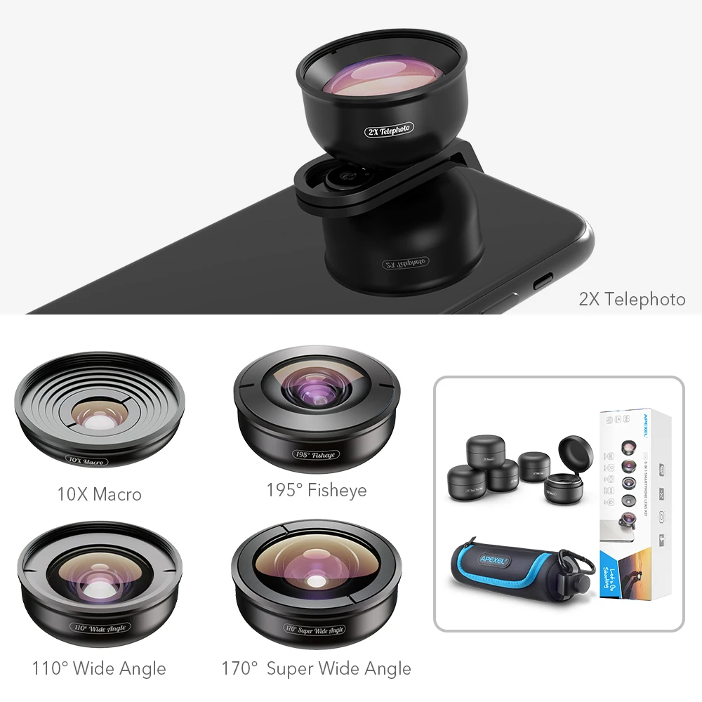 APEXEL 5 в 1 телефон Камера объектив 4K 0.6X Широкий формат телескоп Fisheye) с углом обзора 10X макро-объектив для iPhone X 8 7 Xiaomi samsung s9 s10