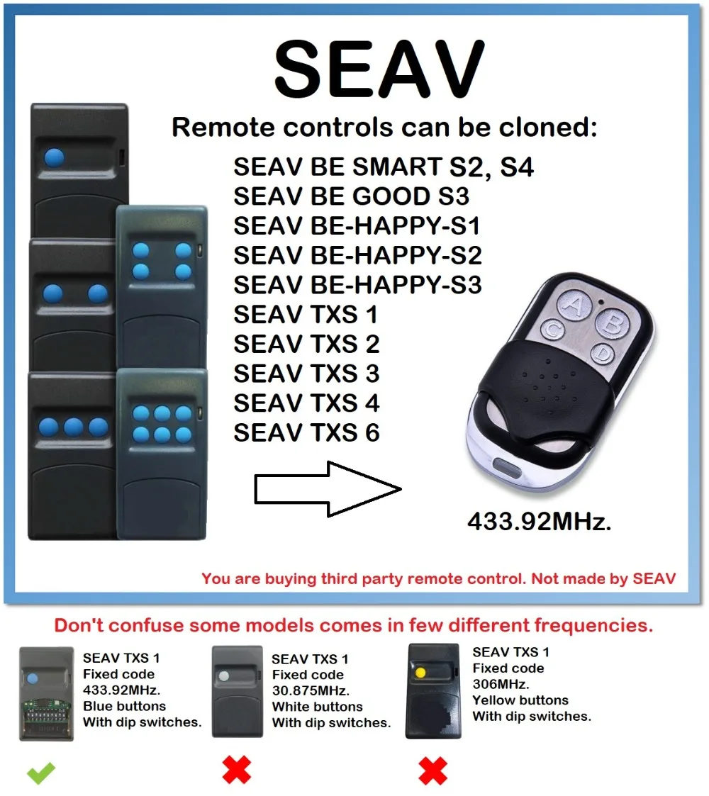 SEAV TXS 1 2 3 4 6 дубликатор дистанционного управления 433 92 МГц для фиксированного кода