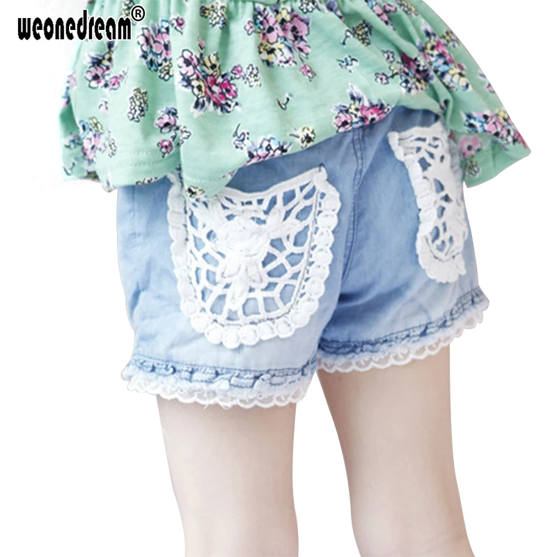 Новинка 2018 детские джинсовые шорты для девочек с кружевным карманом летние брюки