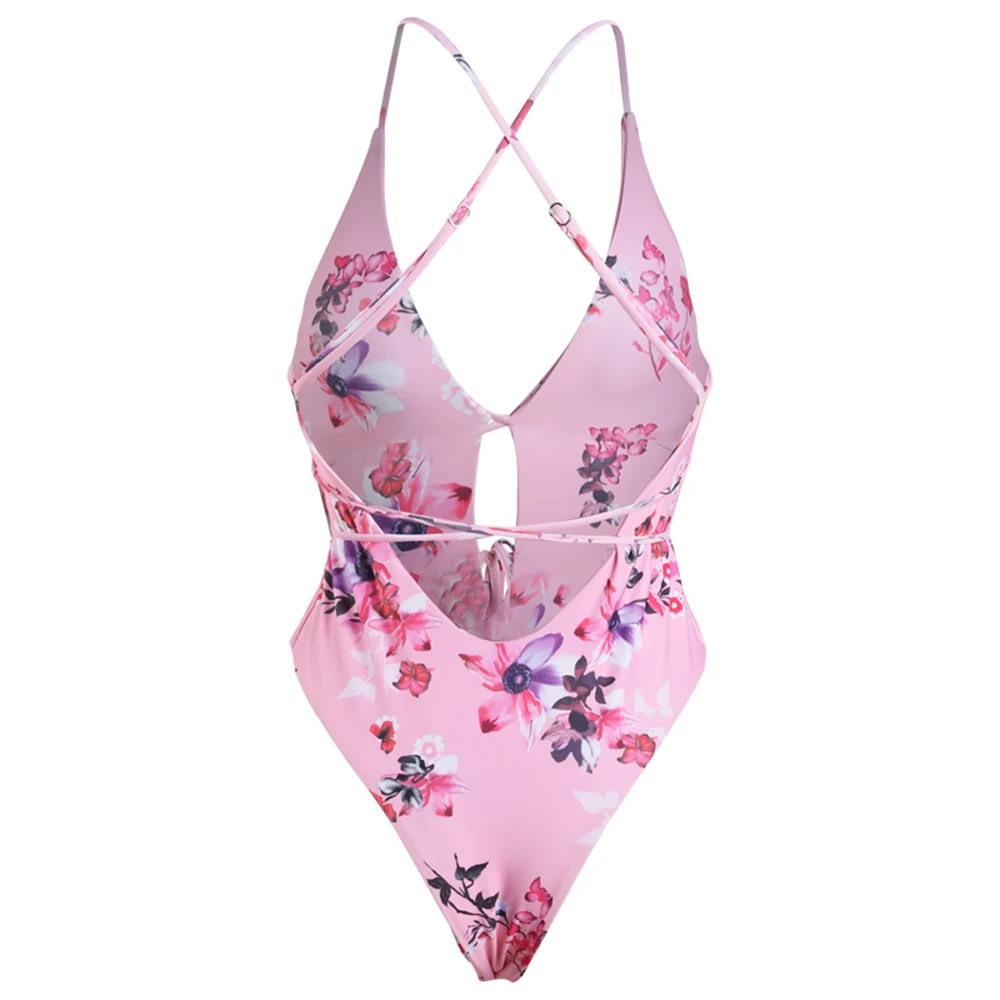 Exclusive Design Sexy Floral Print Swimsuit Women Bandage Backless One Piece Halter Top Beachwear Swimwear Bathing Suit |