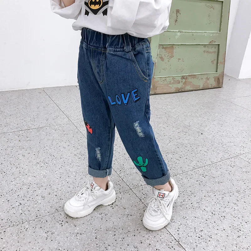 

New Korean Style Toddler Girls Jeans Baby Cowboy Cartoon Printing Pants Fashion Blue Denim Straight Pants Spring Autumn 2019
