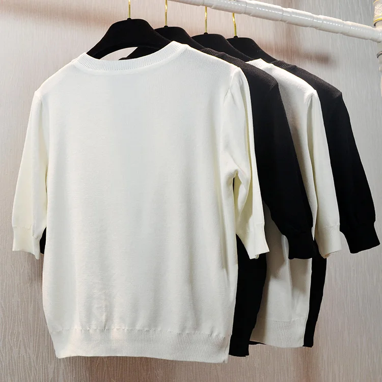 

New South Korean summer small fragrant embroidery round neck half sleeve silk sweater coat slim tops