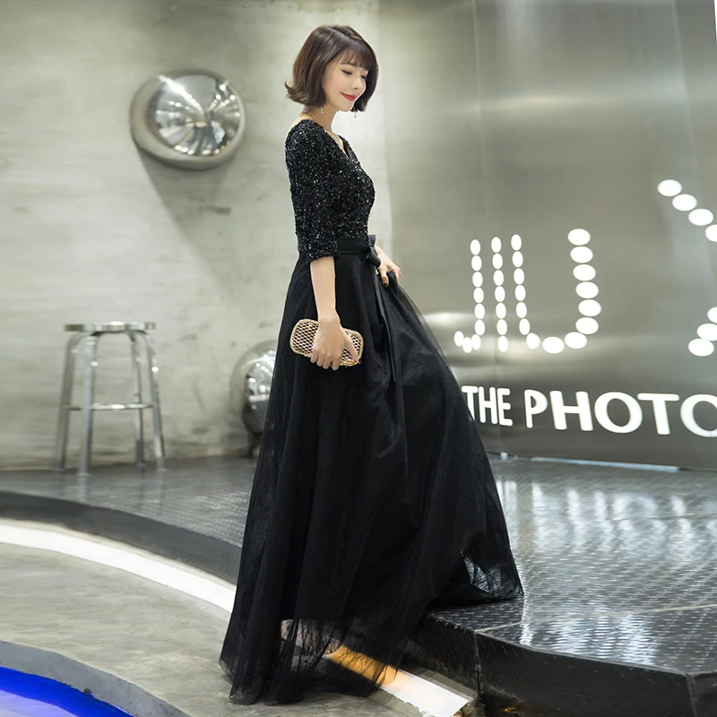 weiyin 2019 New Black Half Sleeves V-neck Elegant Sequined Zipper Luxury Party Formal Dress Floor Length Evening WY1526 | Свадьбы и