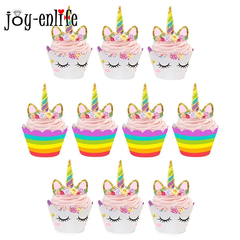 JOY-ENLIFE, 24 шт., радужные вечерние украшения для торта с единорогом, обертки для кексов, украшения для вечеринки на день рождения, вечерние принадлежности с единорогом