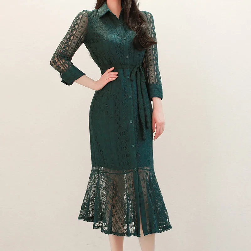 Женское платье-рубашка с длинным рукавом белое кружевное платье отложным