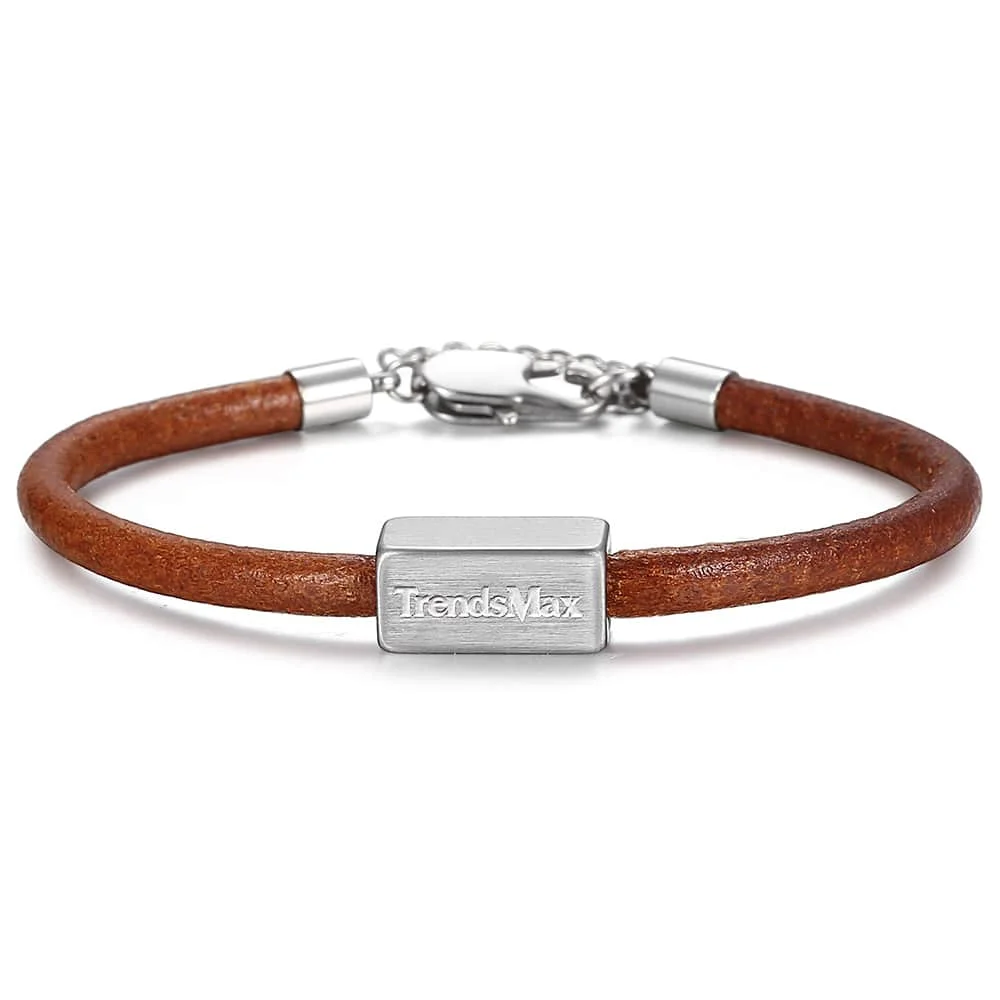 Trendsmax logo Custom logo Name Engrave Genuine Leather Bracelet& Bangle Stainless Steel Charm Bracelet for Men Women Jewelry Gift TBLM01 - Окраска металла: Trendsmax logo