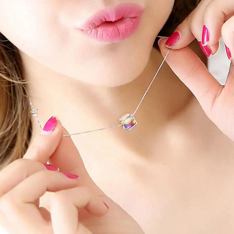 Для женщин кулон Цепочки и ожерелья s Silver Crystal Cube Four Leaf Clover цветок для ожерелье