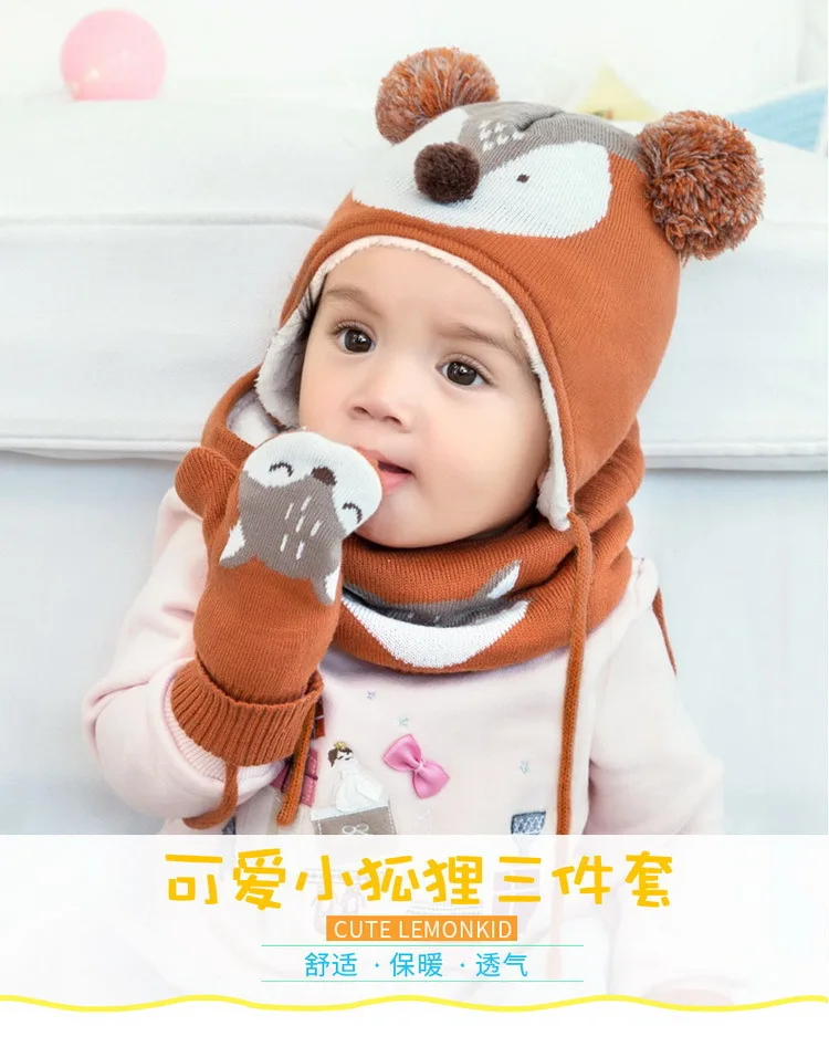 3pcs/Set Baby Kids Winter Cotton Hat Scarf Set Winter Knit Cap Children Warm Scarf For Boys Suit Beanies Hats Scarf For Girl Boy