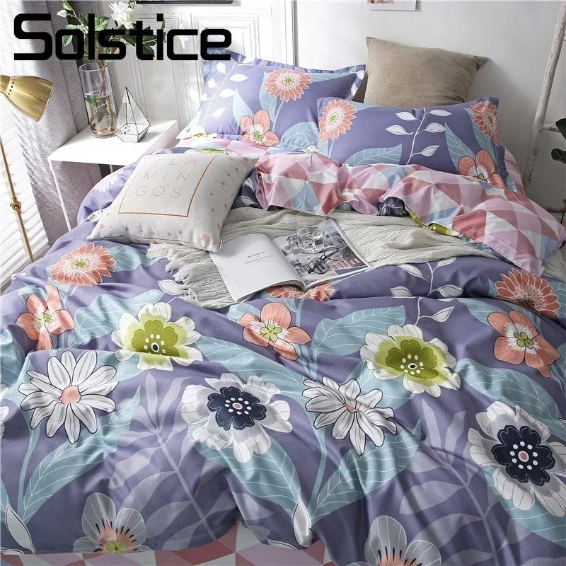 

Solstice Home Textile Bedding Sets Purple Flower Geometric Pattern Duvet Cover Pillowcase Sheet Girl Teen Woman Bed Linen 3-4pcs