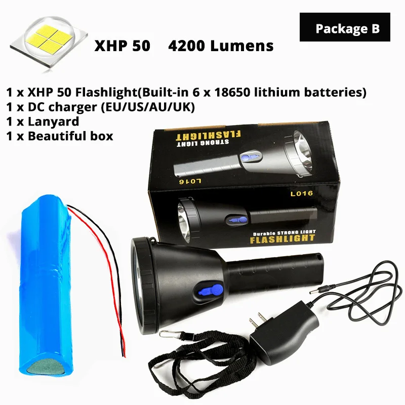 Package B Супер яркий XHP50 светодиодный вспышка светильник аккумуляторные поиска светильник водонепроницаемый походный светильник 3 светильник ing режима используется для приключений, охота - Испускаемый цвет: Package B