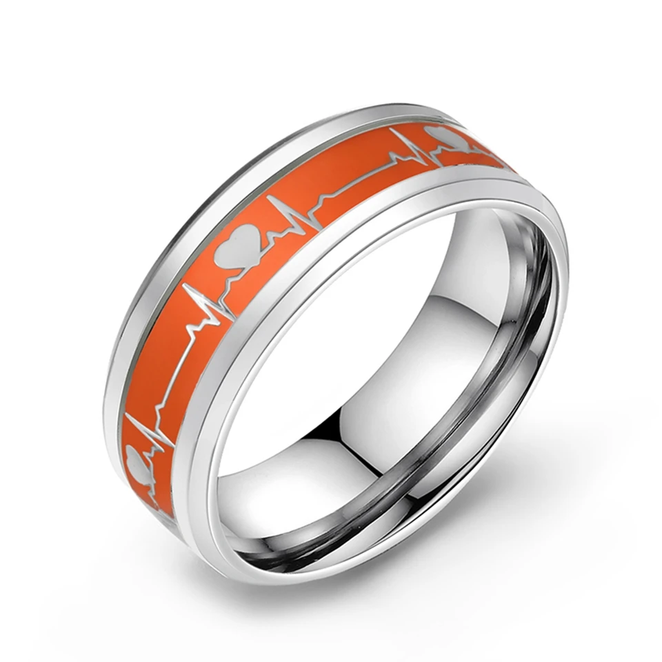 Yellow Luminous Heart Electrocardiogram Rings Stainless Steel Glow in the Dark Wave Love Ring Female Male Wedding Aneis Jewelry