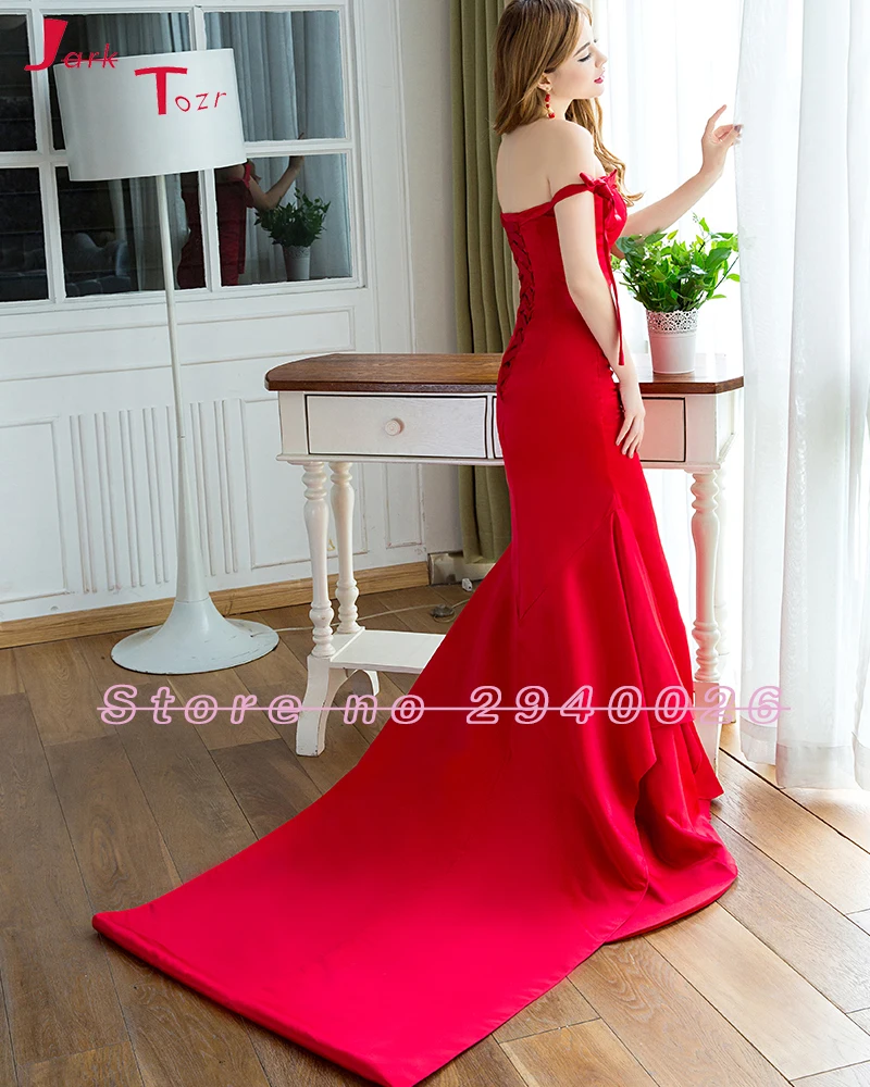 Jark Tozr Robe De Soiree Boat Neck Off the Sholder Red Satin Luxury Mermaid Fomal Evening Party Dresses 2019 Vestido Festa | Свадьбы и