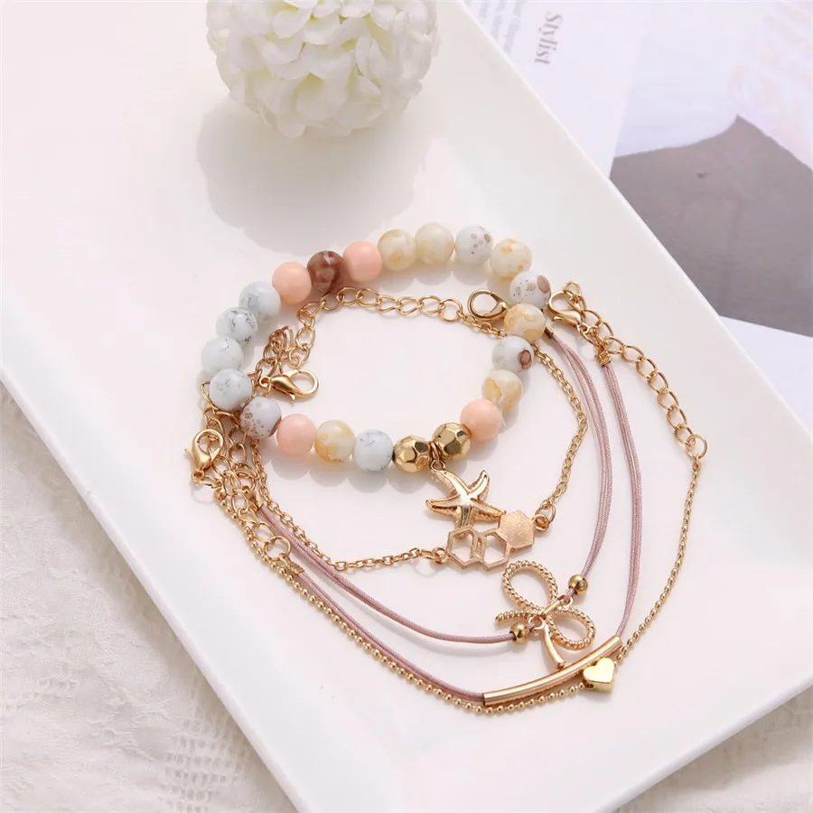 Pulseras Mujer богемные браслеты для женщин розовый камень Tiney Bowknot звезда геометрические эффектные женские